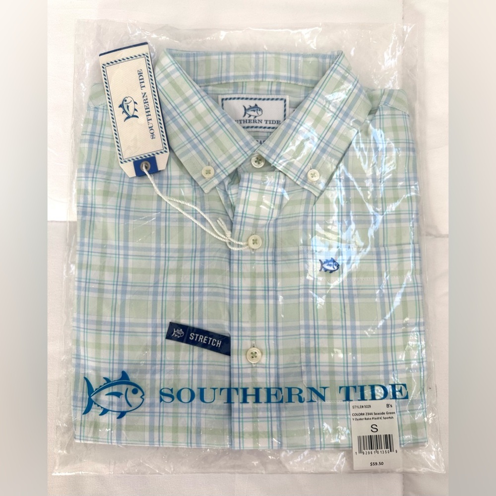NWT Southern Tide Boys Small Light Blue and Green Plaid Shirt